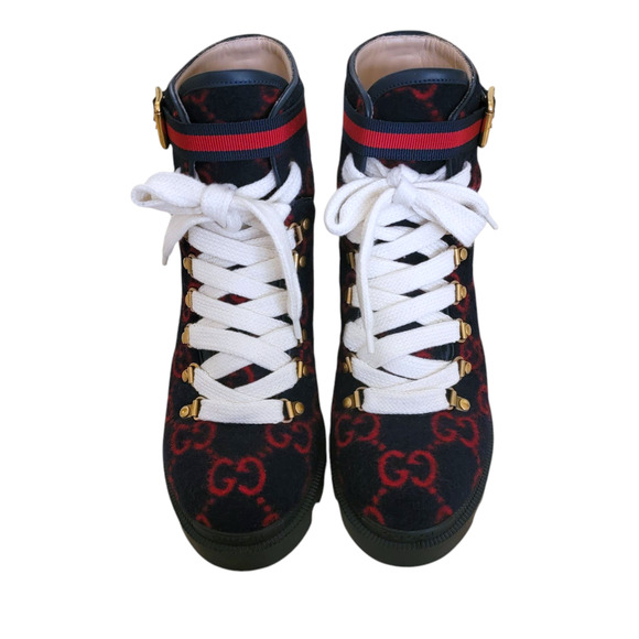 Gucci GG Monogram Wool Lace-Up Web Combat Platform Boots Navy Red 37.5 7.5 - Picture 4 of 13